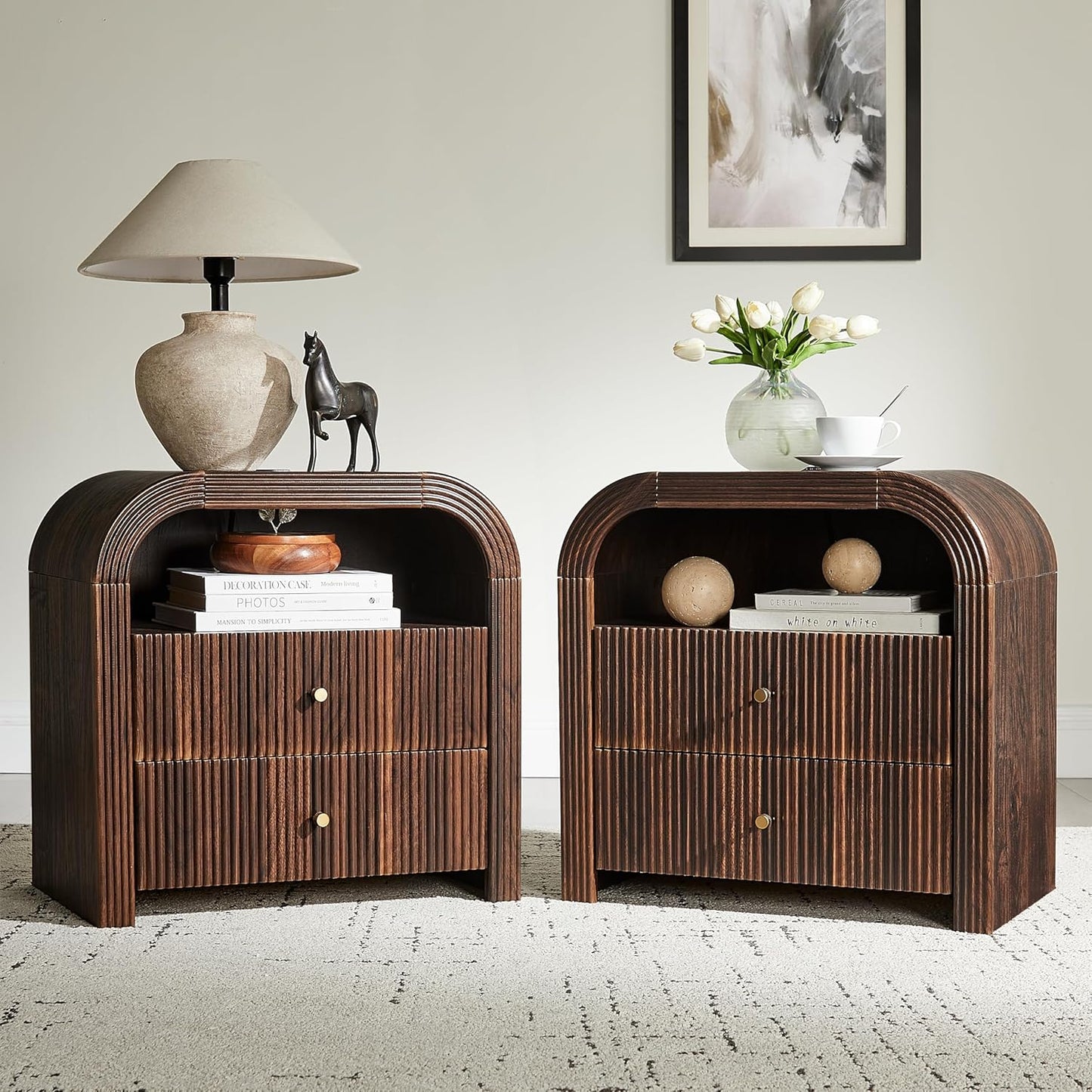 T4TREAM 24" Fluted Nightstand Set of 2, Large 2 Drawers Bedside Table with Charging Station, Modern End Table with Storage Night Stand for Bedroom, Living Room, Round Curved Corner Design, Dark Walnut