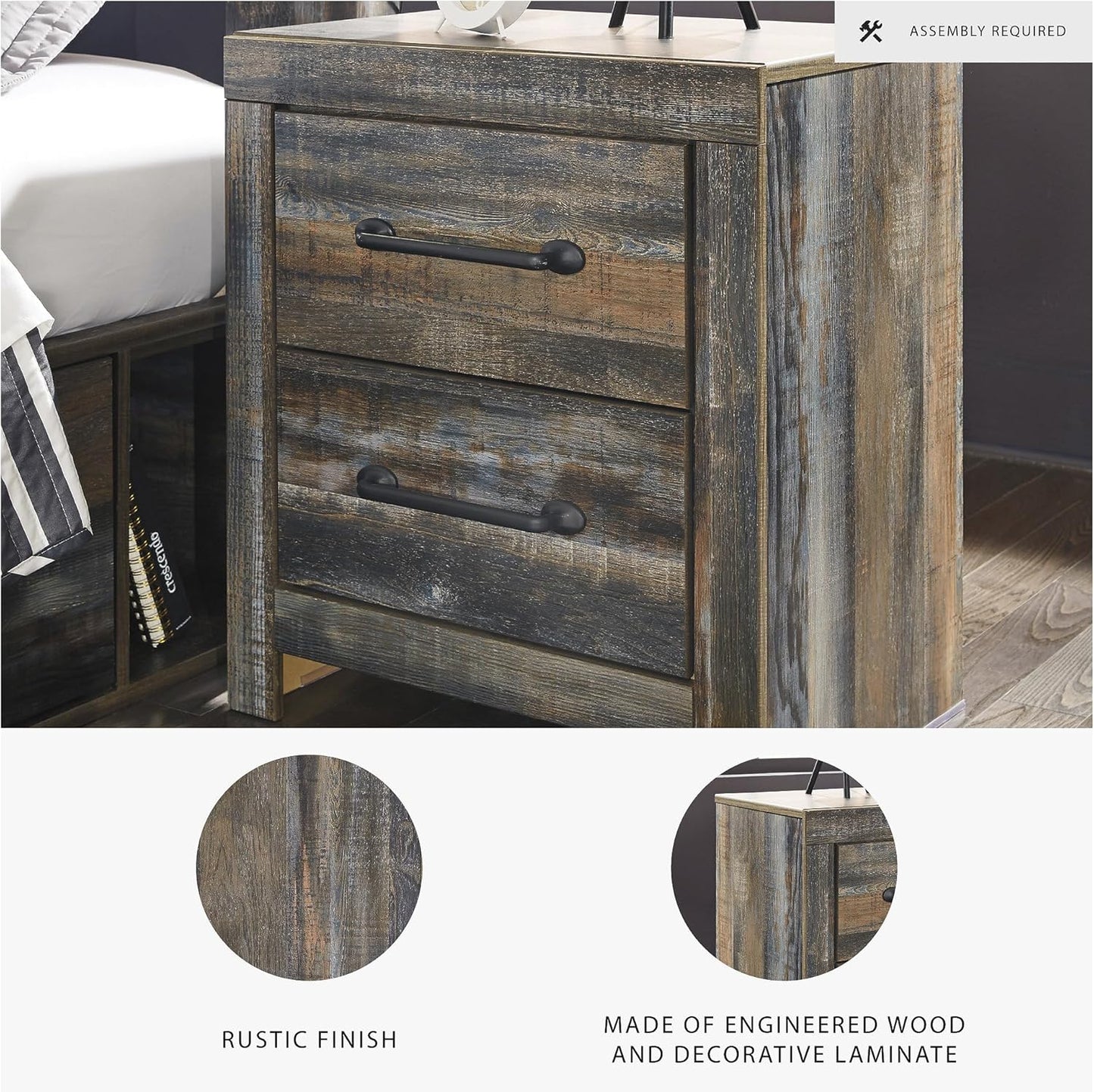 Signature Design by Ashley Drystan Rustic Industrial 2 Drawer Nightstand with 2 Slim-Profile USB Charging Stations, 24.37" Tall, Weatherworn Brown