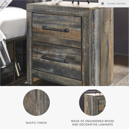 Signature Design by Ashley Drystan Rustic Industrial 2 Drawer Nightstand with 2 Slim-Profile USB Charging Stations, 24.37" Tall, Weatherworn Brown